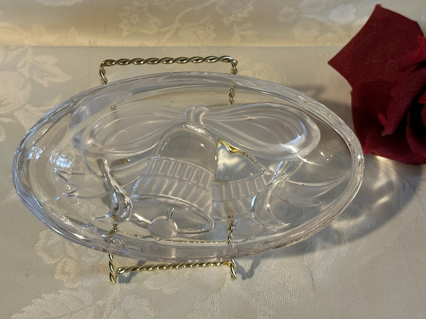 Vintage Mikasa Christmas Candy Dish Gilded Bells, Etched Glass